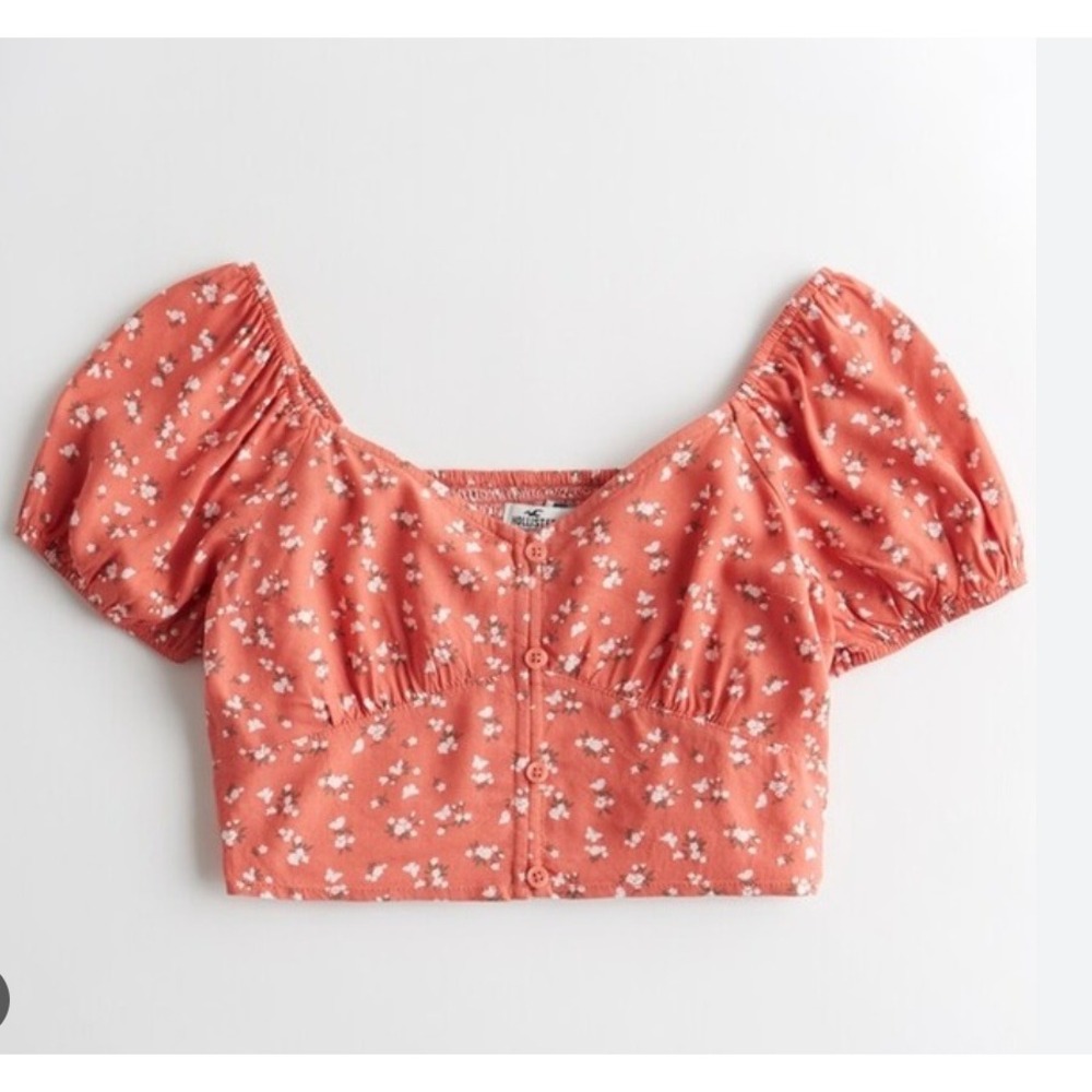 Hollister Floral Crop Top Puff Sleeve Button Front Blouse Coral - Medium - BNWOT
